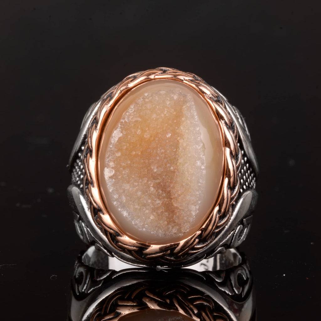 Natural Druzy Crystal Quartz Stone Ring - 925 Sterling Silver (Yellow) — 4