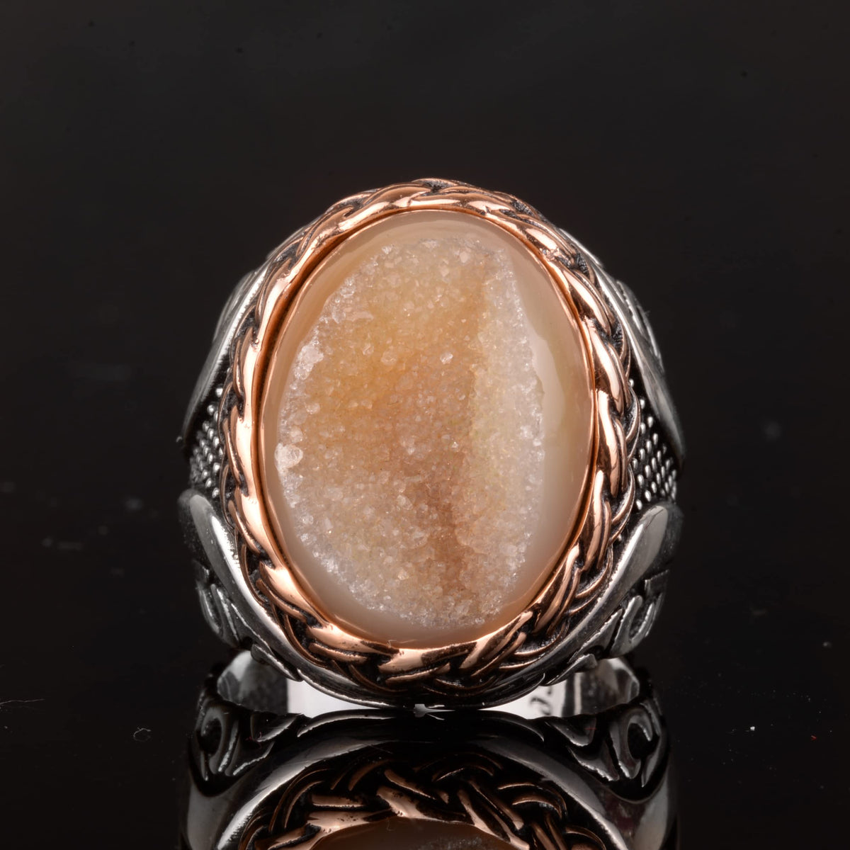 Natural Druzy Crystal Quartz Stone Ring - 925 Sterling Silver (Yellow) — 4