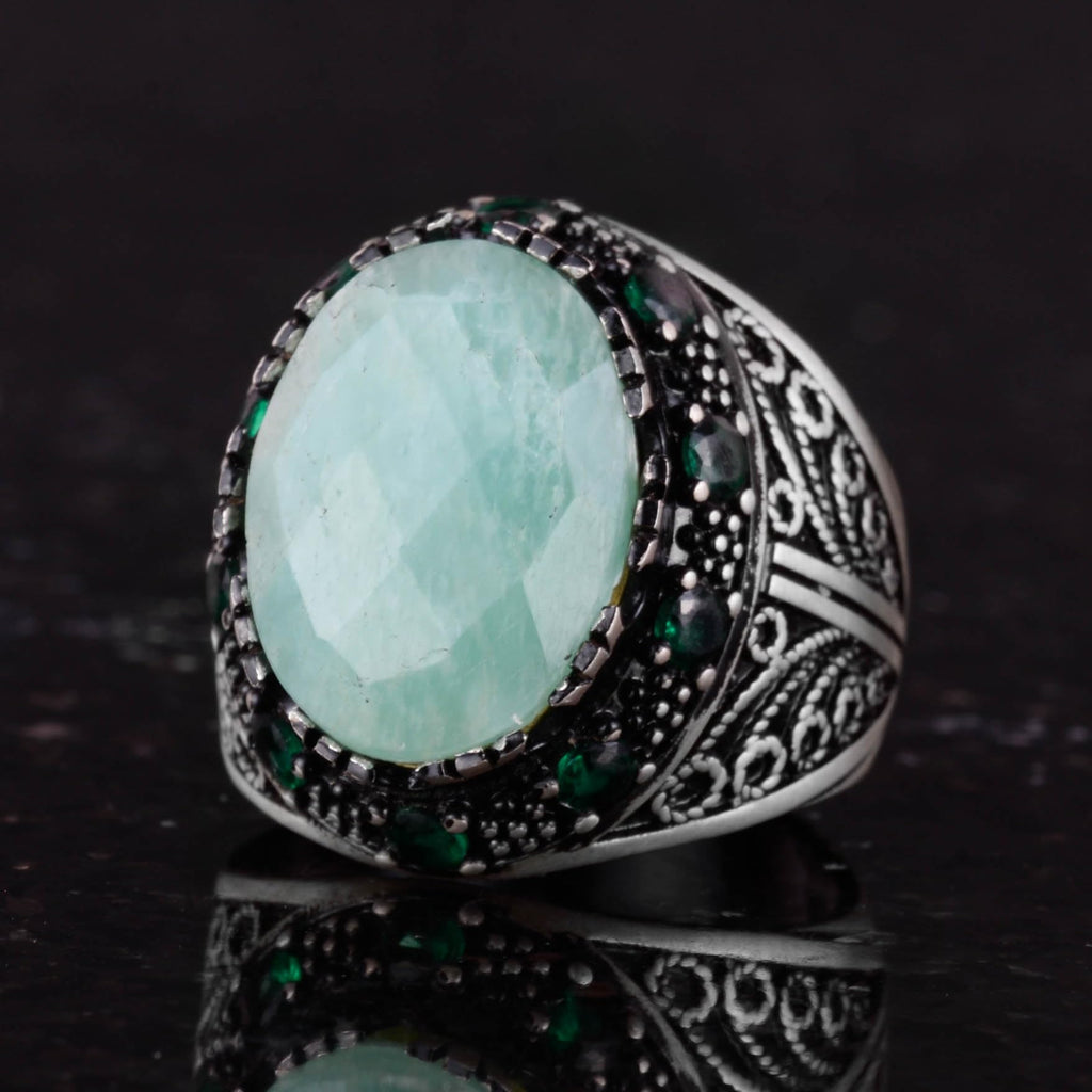 Natural Amazonite Stone Ring - 925 Sterling Silver Handmade Men's Jewelry — 6