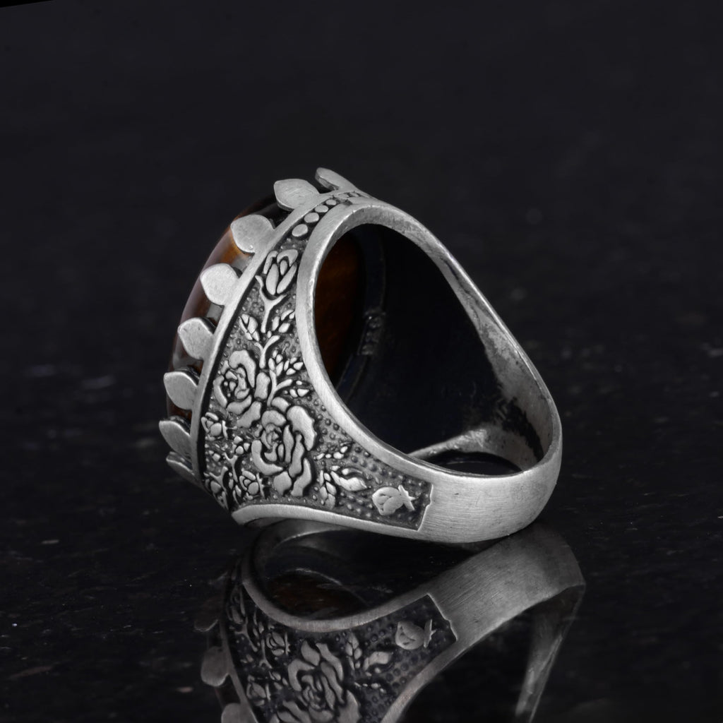Natural Stone Ring - Rose Pattern Ring - 925 Sterling Silver - Handmade Large Ring (Tiger Eye) — 7