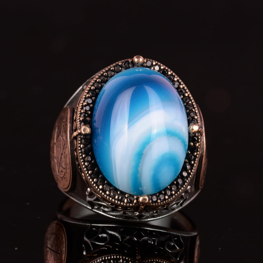 Natural Blue Agate Stone Ring - 925 Sterling Silver Men's Ring — 5