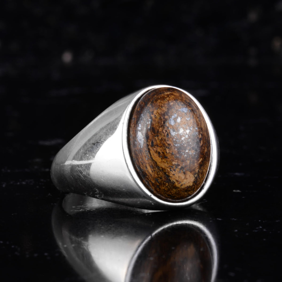 KAMBO Natural Men's Ring – 925 Sterling Silver Minimalist Oval Stone Ring – Handmade Classic Statement Jewelry (Bronzite) — 6