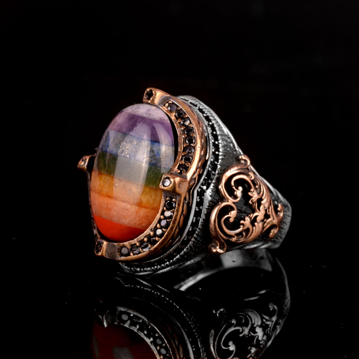 Rainbow Natural Silver Ring with 7 Different Stones, 925 Sterling Silver Men's Ring, Multi-Colored Silver Ring — 5