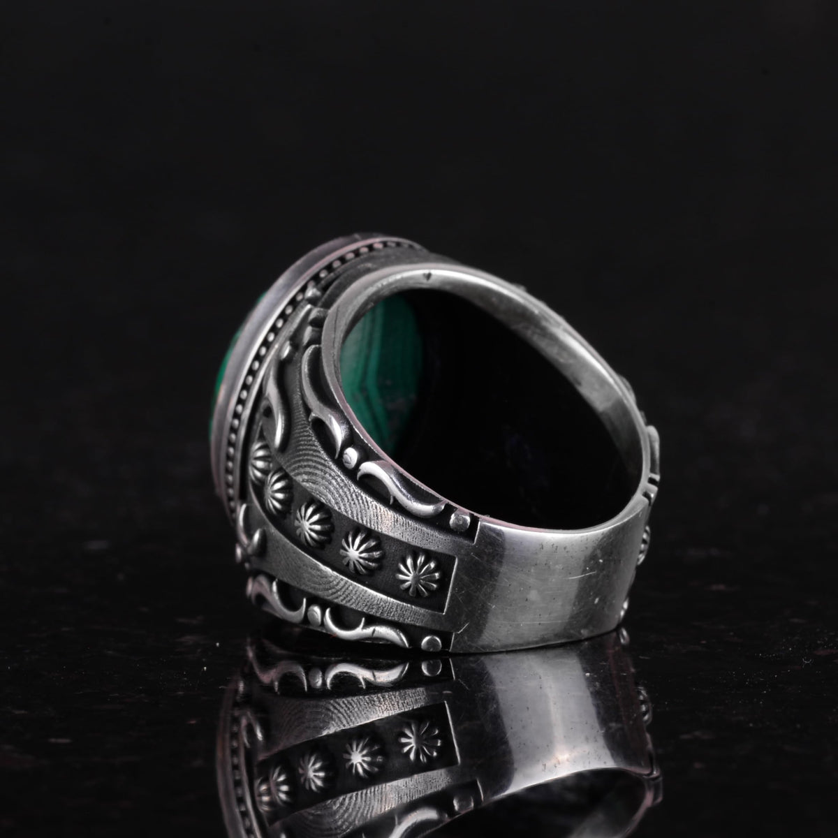 Natural Malachite Stone Ring, 925 Sterling Silver Men's Ring (Model-2) — 7