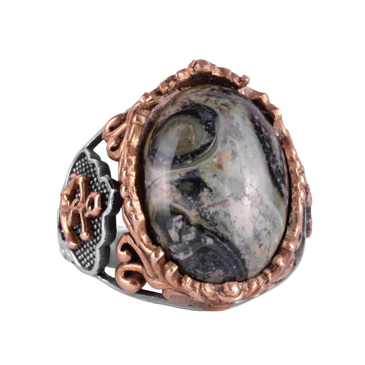 Anchor Ring, Green Blue Stone Ring - 925 Sterling Silver Men's Ring