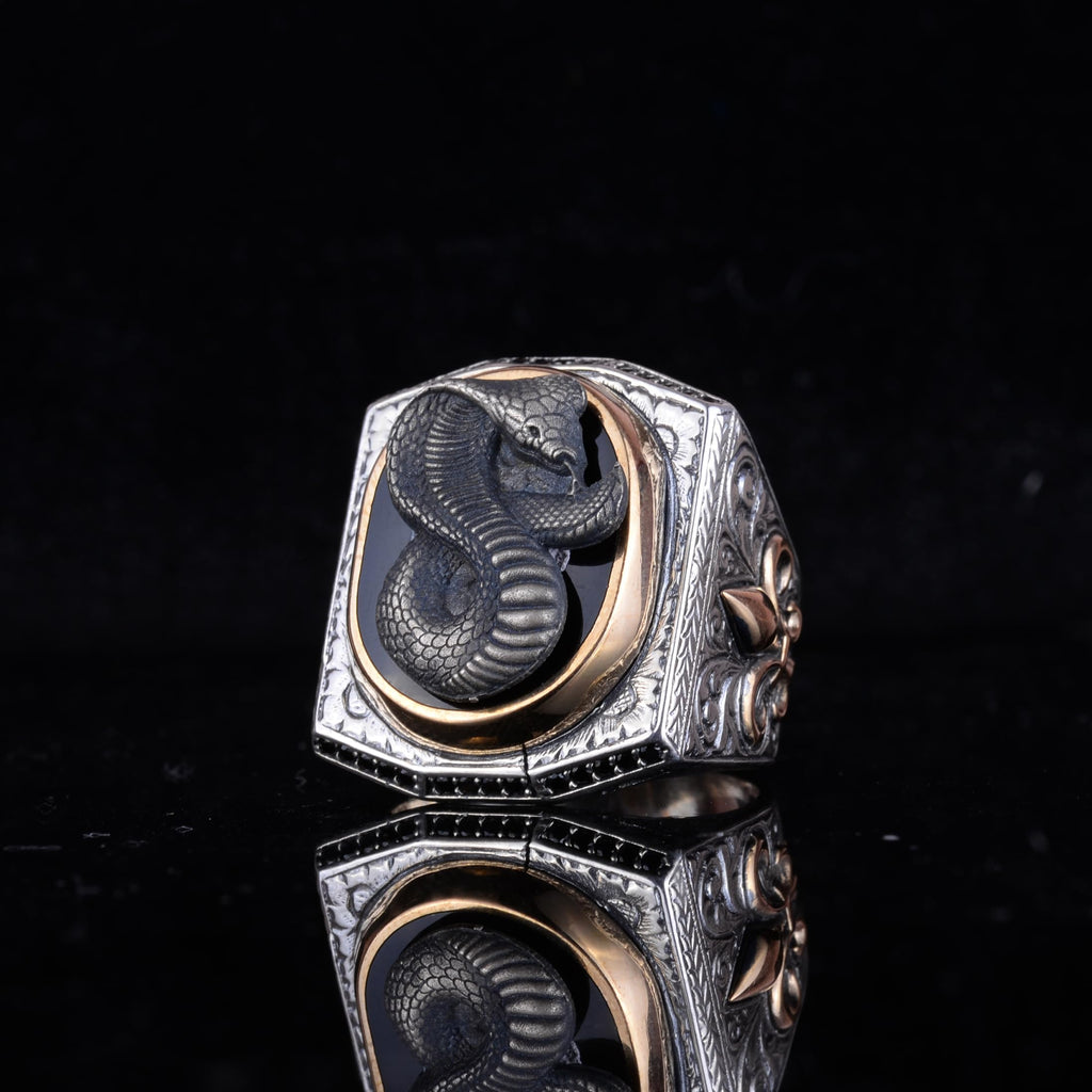 Black Patterned Stone Men's Large Ring – 925 Sterling Silver Vintage Statement Ring (Model-2) — 5