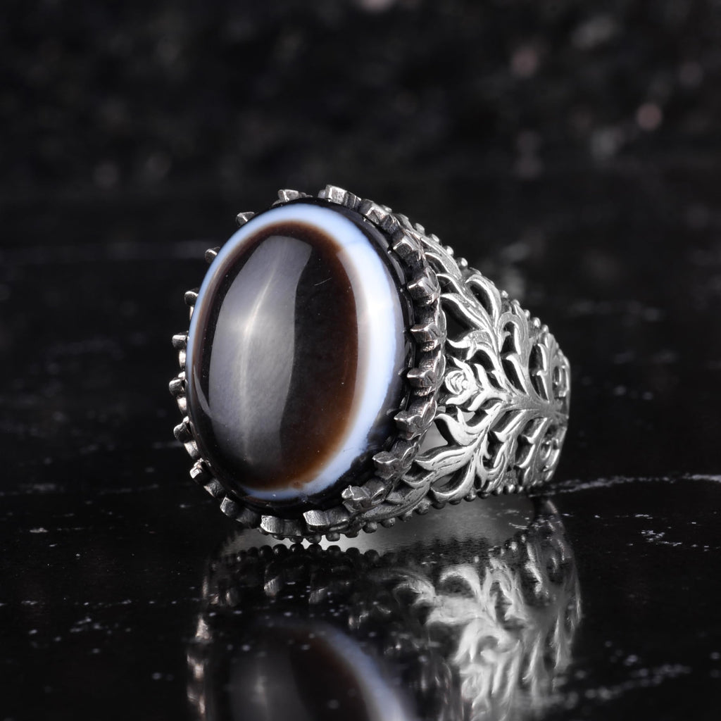 KAMBO Natural Yemen Agate Stone Ring – 925 Sterling Silver Decorative Men's Ring – Handmade Vintage Statement Ring (Yemen Agate-6) — 4