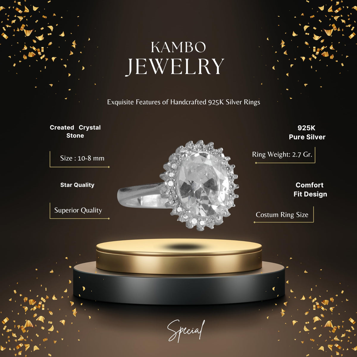 KAMBO 925 Sterling Silver Women's Ring - Elegant Halo Design (Created Crystal) — 2