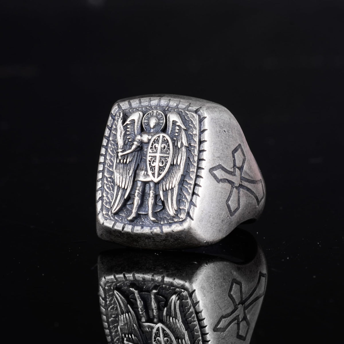 KAMBO 925 Sterling Silver Men's Archangel Michael Ring – Protective Angel with Sword and Cross Shield – Handmade Religious Protection Jewelry — 5