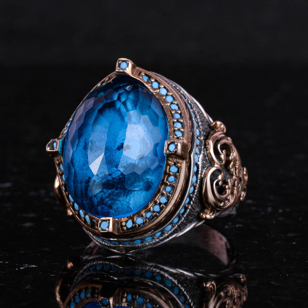925 Sterling Silver Men's Ring, Synthetic Aquamarine Stone, Handcrafted Vintage Design Statement Ring — 6
