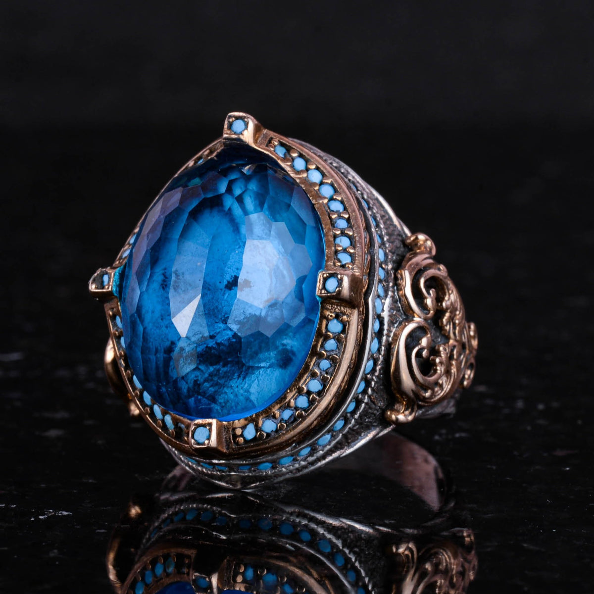 925 Sterling Silver Men's Ring, Synthetic Aquamarine Stone, Handcrafted Vintage Design Statement Ring — 6