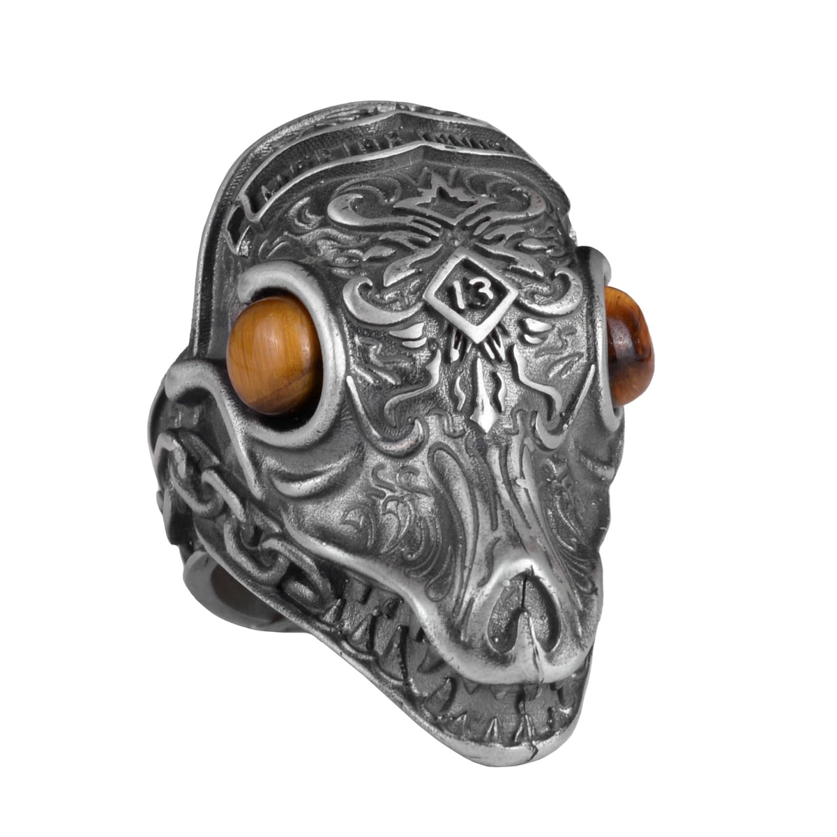 KAMBO Natural Stone Dragon Large Ring - Men's 925 Sterling Silver Gothic Handmade Statement Jewelry (Tiger's Eye)
