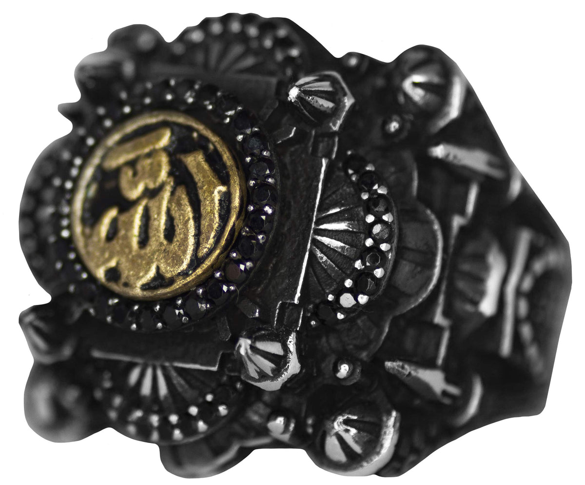 KAMBO Men's 925 Sterling Silver Ring with ALLAH Inscription - Islamic Mosque Engraved 3D Design