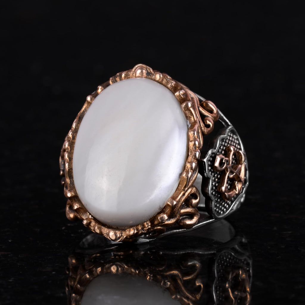 Nautical Anchor Silver Ring, Natural Mother of Pearl Stone Ring, 925 Sterling Silver Ring — 5