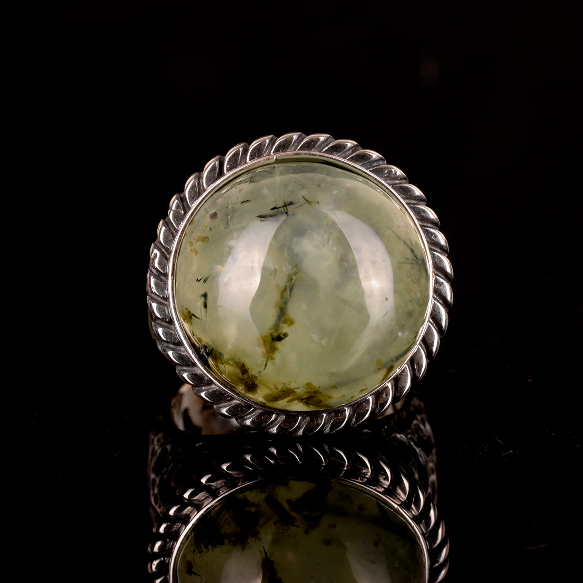 925 Sterling Silver Men's Ring, Natural Prehnite Stone, Texture Detailed Band, Green Prehnite Stone — 5