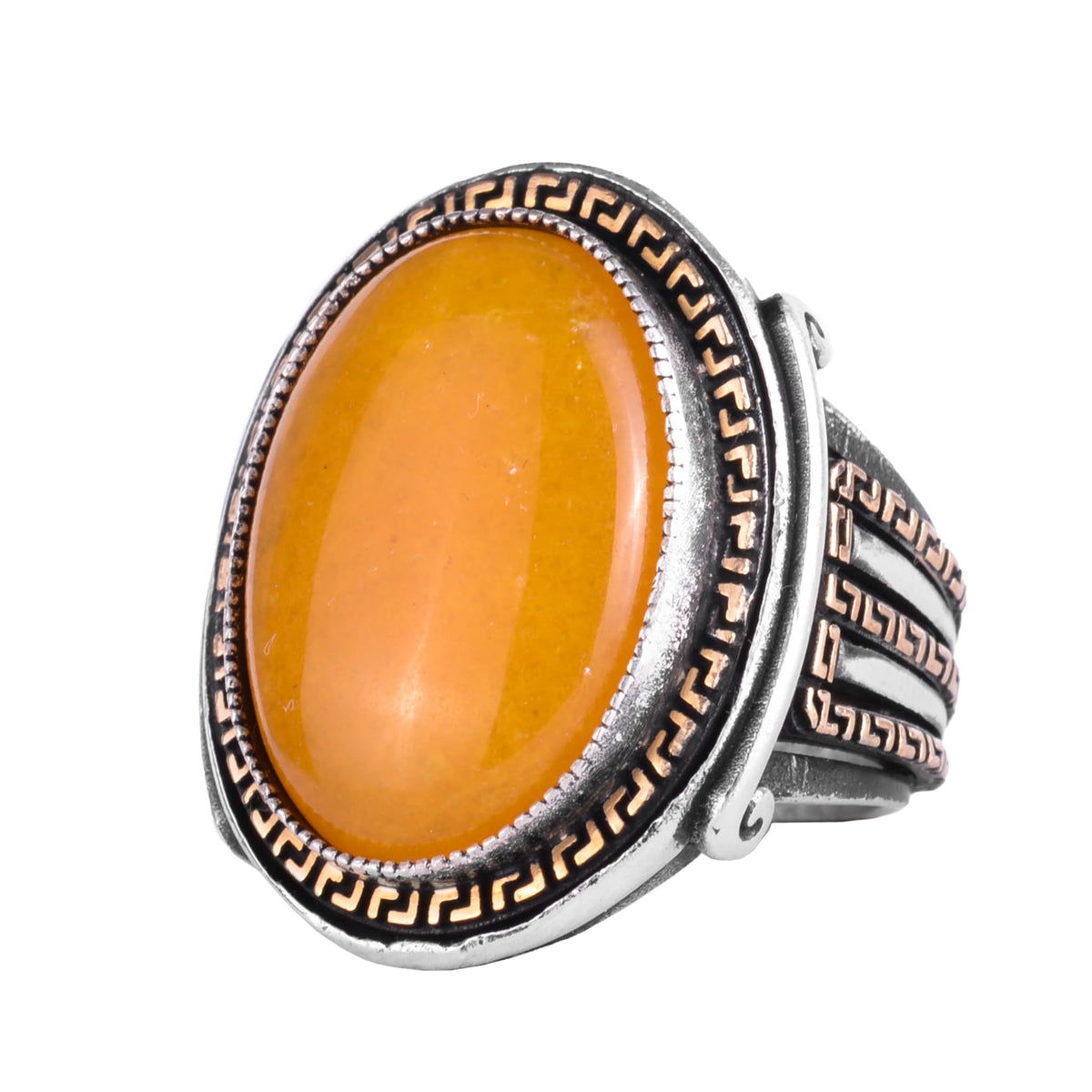 KAMBO Men's Genuine Natural Stone Ring – 925 Sterling Silver Large Statement Ring – Handmade Vintage Design – Dark Silver Ring (Yellow Agate)