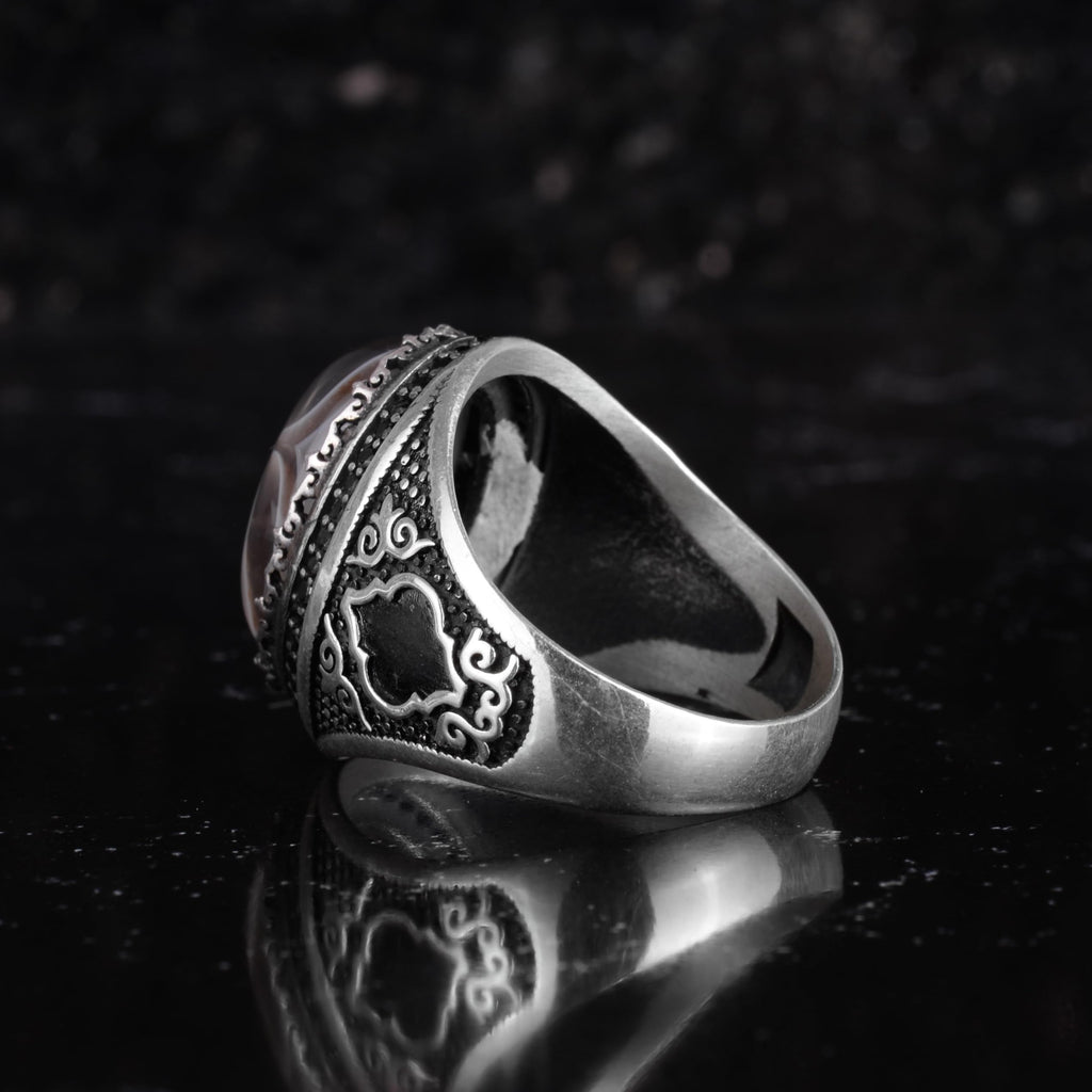 KAMBO Natural Agate Stone Men's Ring – Band Stone – 925 Sterling Silver Handmade Statement Ring – Vintage Ottoman Style Men's Jewelry (Agate-1) — 7