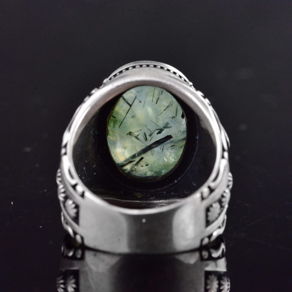 925 Sterling Silver Men's Ring – Natural Prehnite Stone, Detailed Carving Design — 7