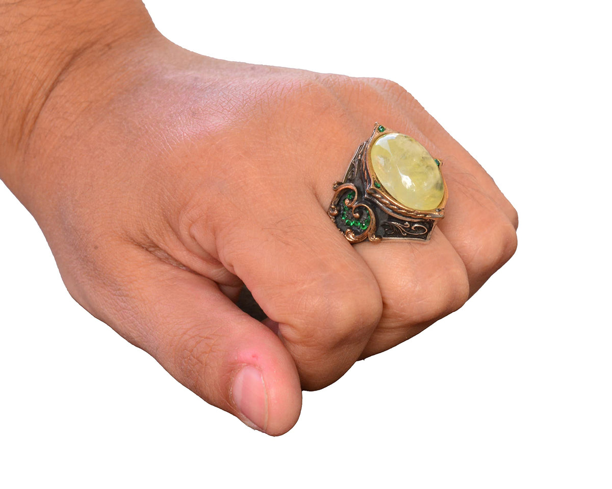 925 Sterling Silver Men's Ring with Natural Prehnite Stone, Ottoman Style Ring, Green Prehnite Stone — 7