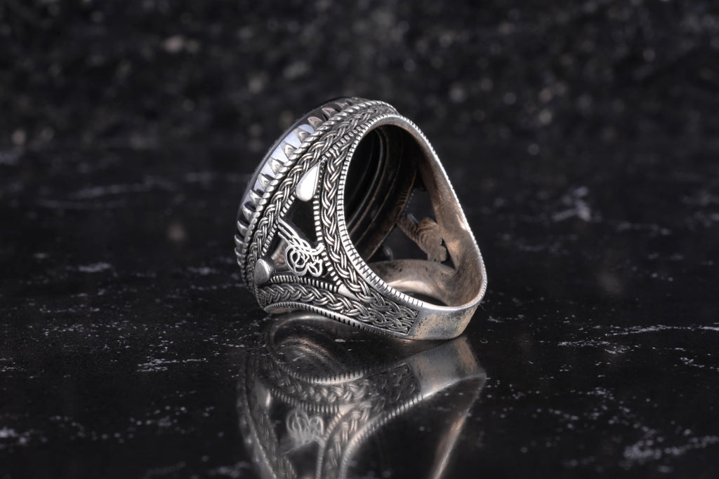 KAMBO Natural Hematite Stone Ring – 925 Sterling Silver Ottoman Tugra Design – Islamic Men's Statement Ring (Ya Ali) — 8