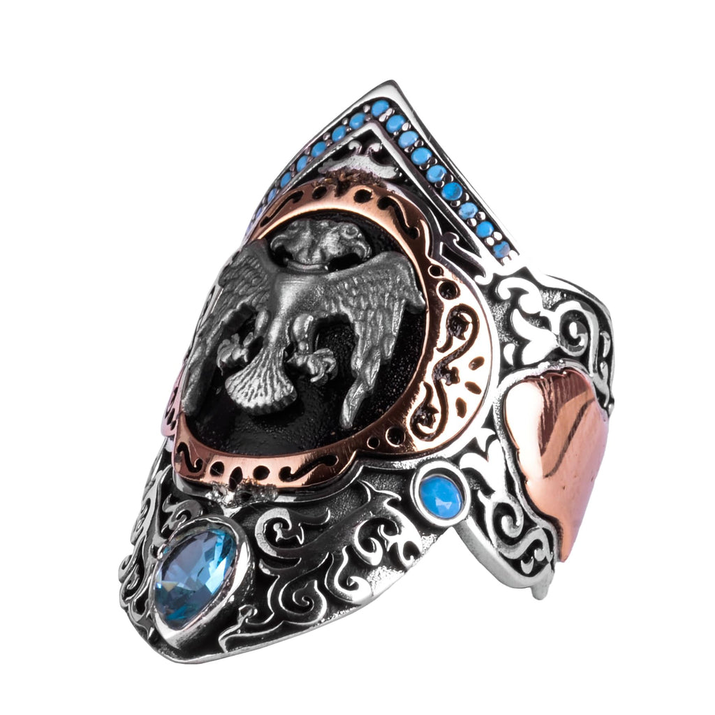 KAMBO Seljuk Double-Headed Eagle Archer Ring – Men's Design Topaz Large Ring – 925 Sterling Silver Handmade Sejuk Symbol (Blue Topaz)