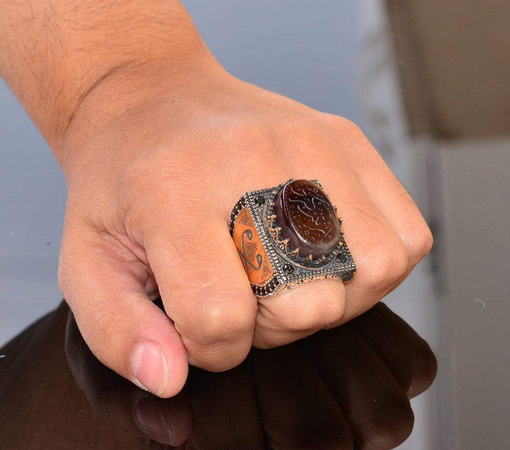 Natural Agate Stone Ring - Islamic Gift, Silver Men's Ring — 7