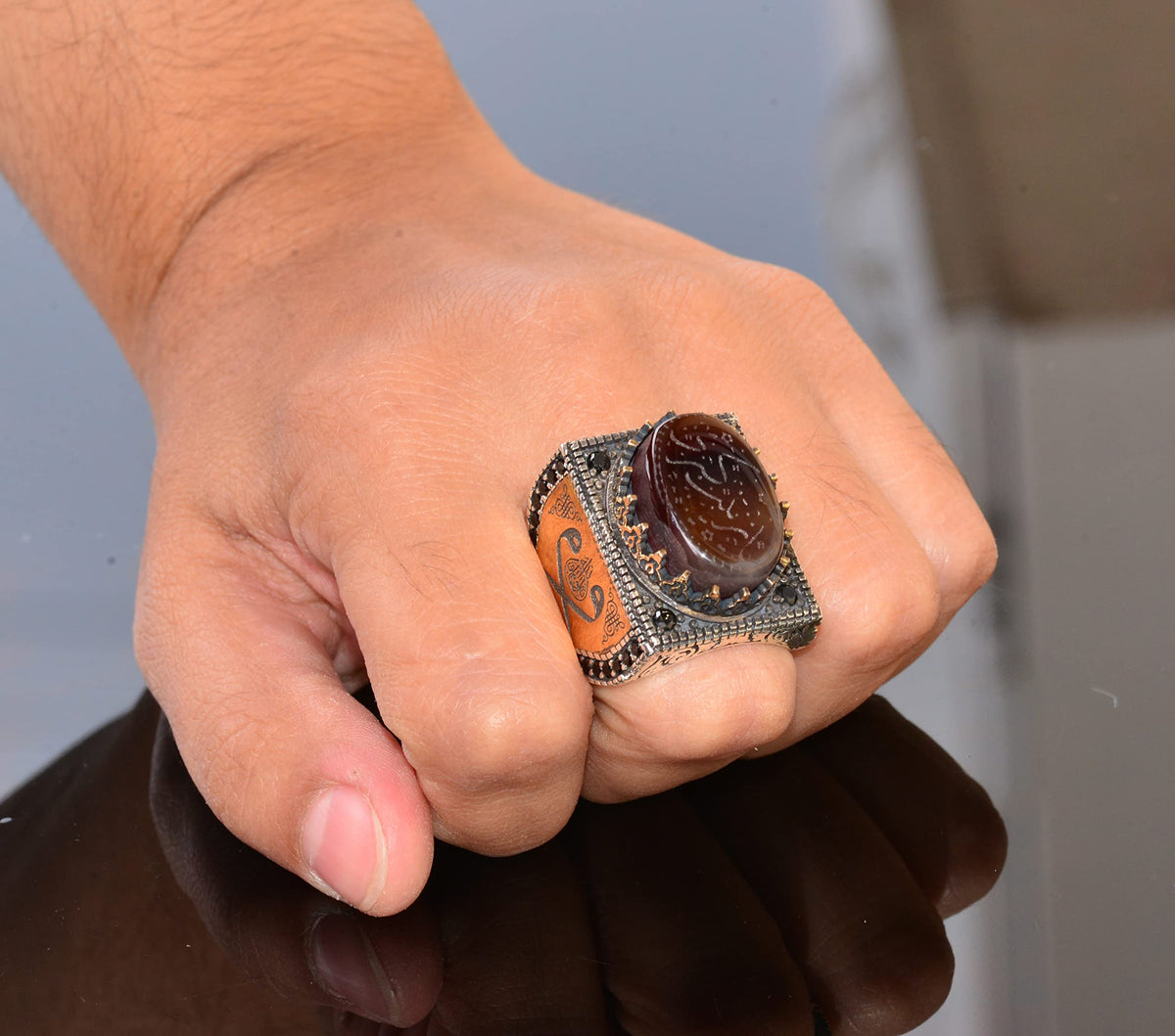 Natural Agate Stone Ring - Islamic Gift, Silver Men's Ring — 7