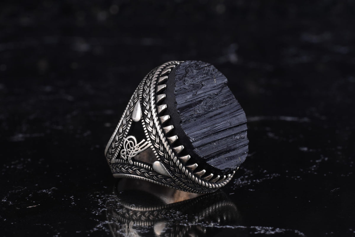 KAMBO Men's Natural Stone Ring – 925 Sterling Silver Large Statement Ring – Handmade Ottoman Pattern Jewelry (Black Tourmaline) — 6