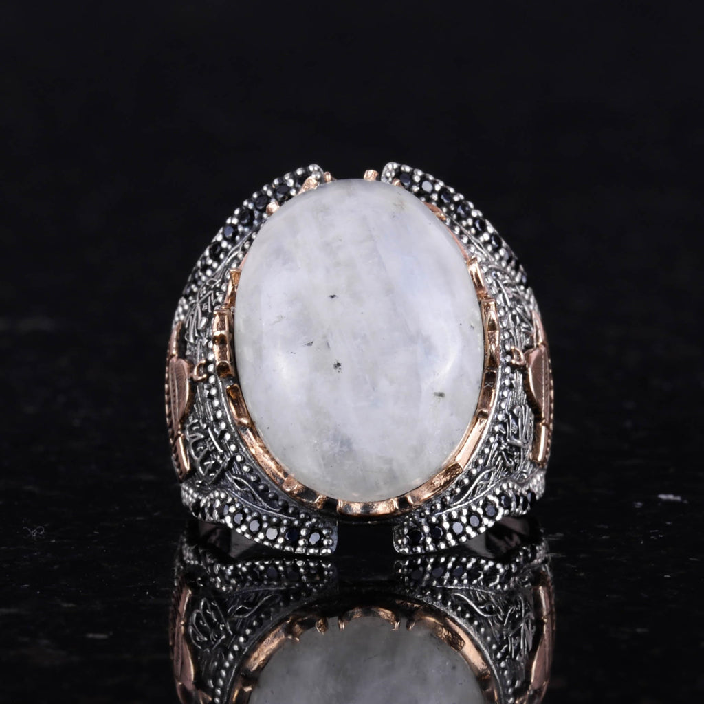 Natural Moonstone Ring, 925 Sterling Silver Men's Ring, Moonlight Design — 3