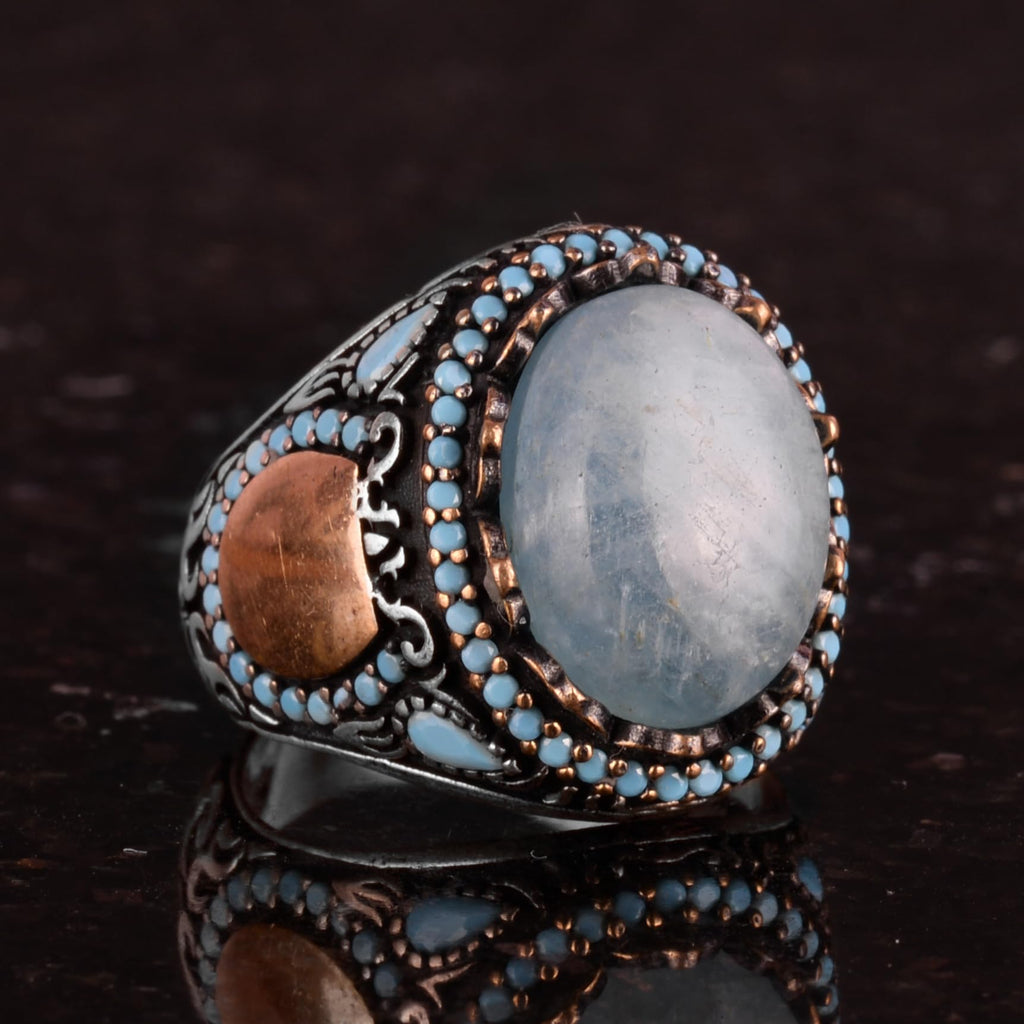 Natural Aquamarine Stone Handcrafted Ring - 925 Sterling Silver — 5