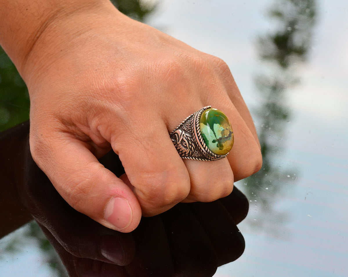 Natural Arizona Turquoise Stone Ring - 925 Sterling Silver Men's Eagle Ring, Suitable for Daily and Special Occasions (Model-3) — 7