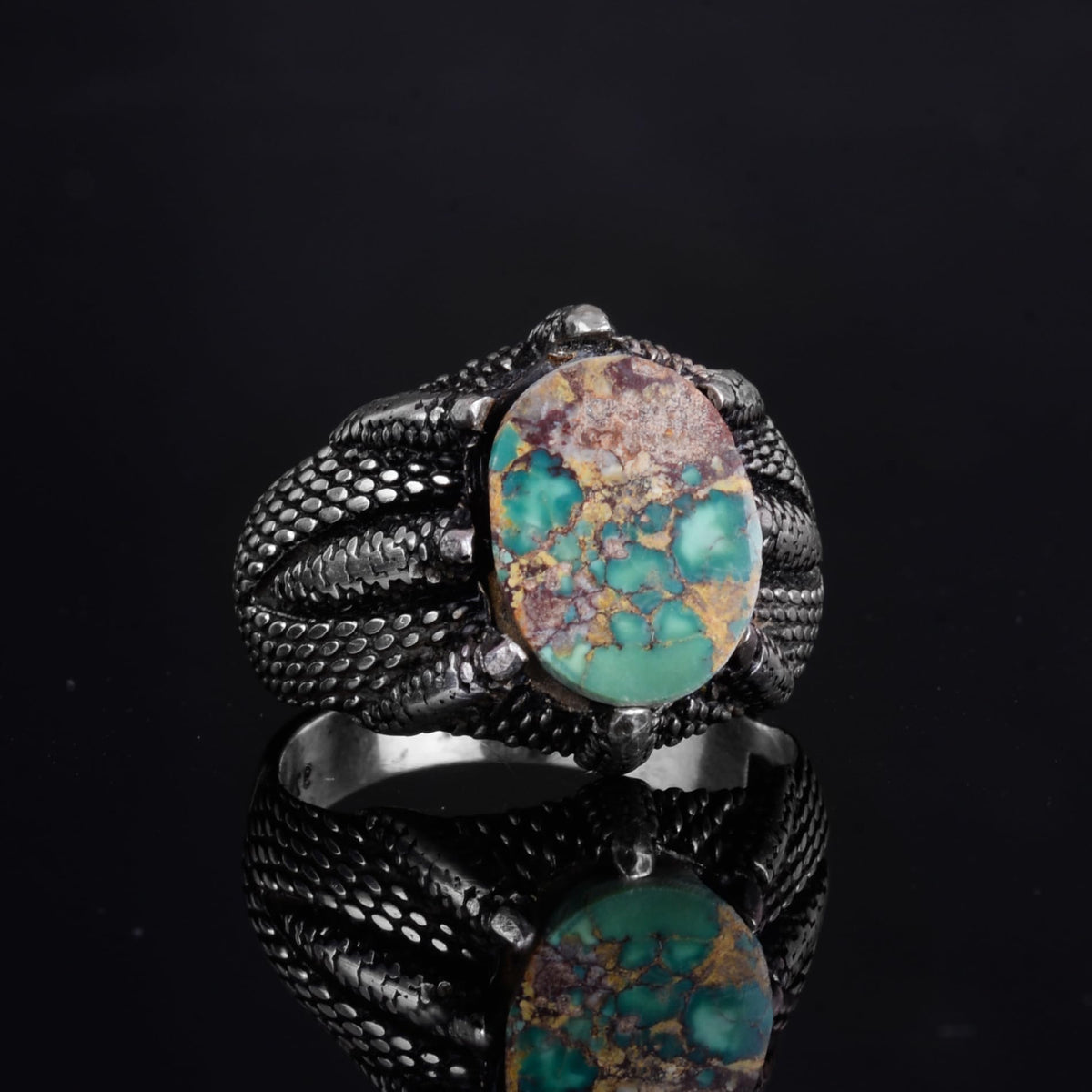 KAMBO 925 Sterling Silver Claw Detailed Natural Turquoise Stone Ring – Handmade Men's Legendary Warrior Jewelry (Style-13) — 6