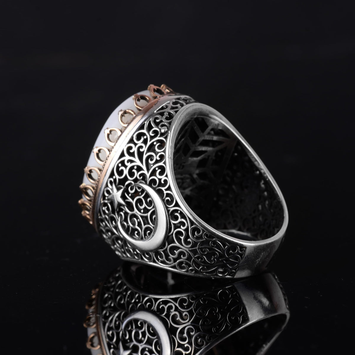 KAMBO 925 Sterling Silver Men's Natural Stone Ring - Moon and Star Design - Handmade Vintage Jewelry (Pearl) — 7