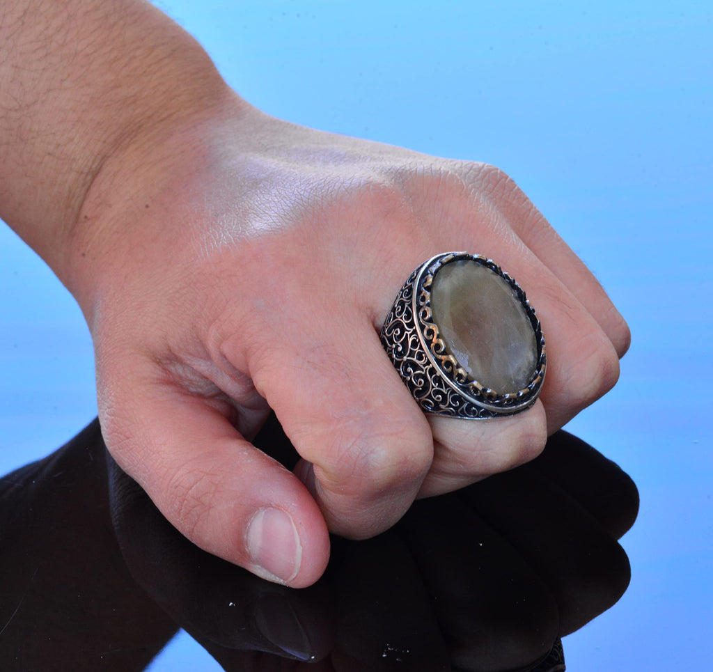 KAMBO Genuine Natural Sapphire Gemstone Handmade Ring, Men's Large Ring, Solid Silver - Symbol of Wisdom and Nobility — 7