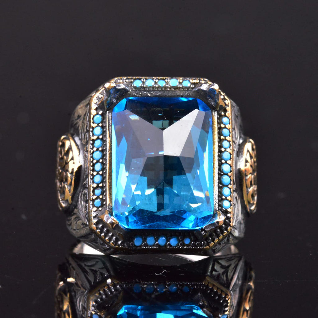 925 Sterling Silver Men's Ring, Artificial Aquamarine Stone and Fine Detailed Design — 3