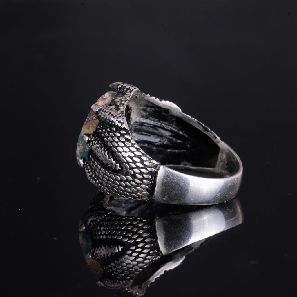 KAMBO 925 Sterling Silver Claw Detailed Natural Turquoise Stone Ring – Handmade Men's Legendary Warrior Jewelry (Style-13) — 7