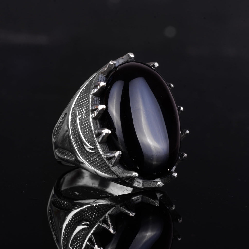 KAMBO Natural Stone Men's Large Ring – 925 Sterling Silver Ottoman Sword Motif Signet Ring (Onyx) — 6