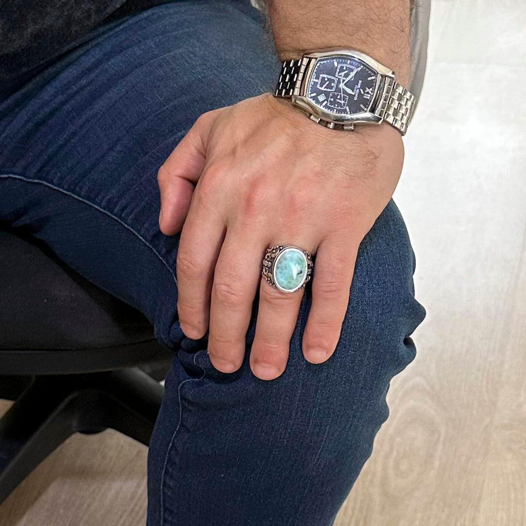 Handmade Natural Larimar Stone Ring, 925 Sterling Silver Men's Ring — 3