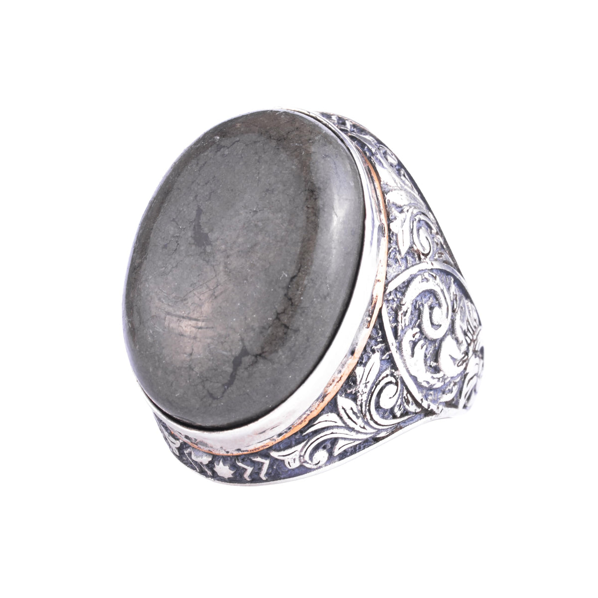 KAMBO Men's Natural Stone Large Ring - Oval Stone Vintage Flower Engraved Statement Ring - 925 Sterling Silver Handmade Men's Jewelry