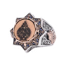 KAMBO 925 Sterling Silver Arabic Calligraphy Star Shaped Large Men's Ring Bronze Details Religious Spiritual Statement Ring (Kalima Shahada)