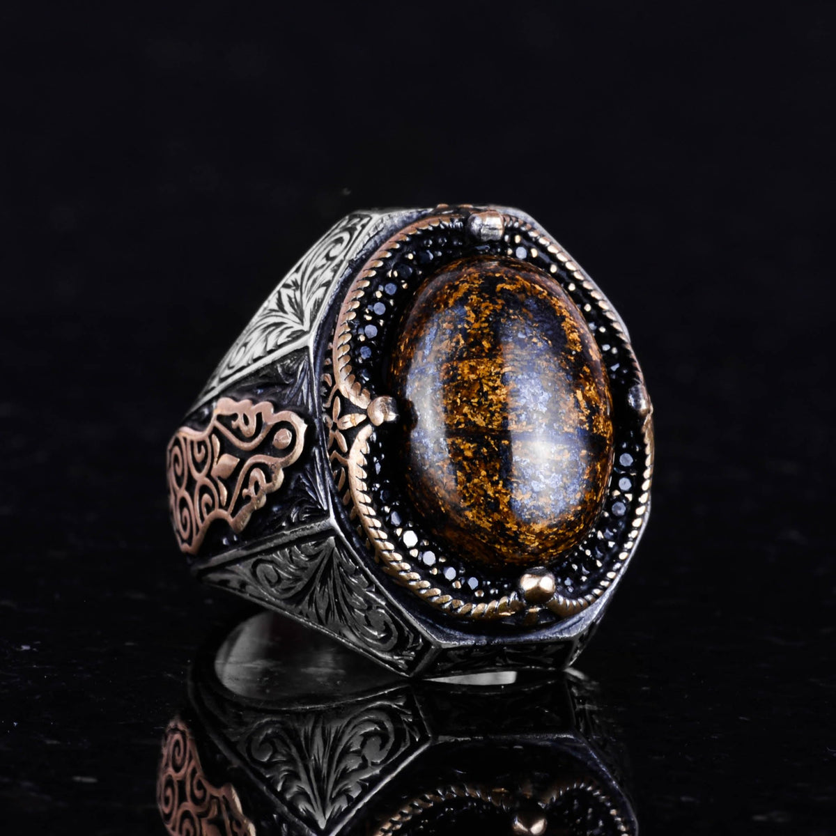 Handcrafted Natural Bronzite Stone Ring - 925 Sterling Silver Men's Ring (Model-2) — 5