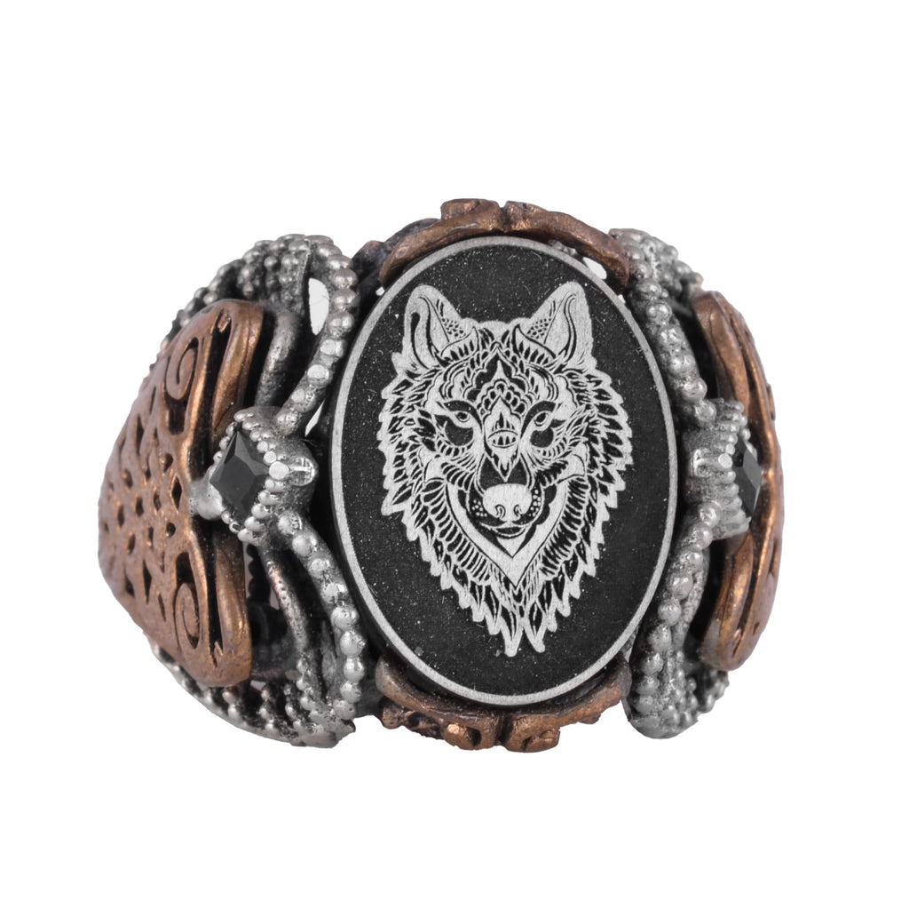 Silver Patterned Ring, Emblem - Elegant Cultural Design (Wolf Head)