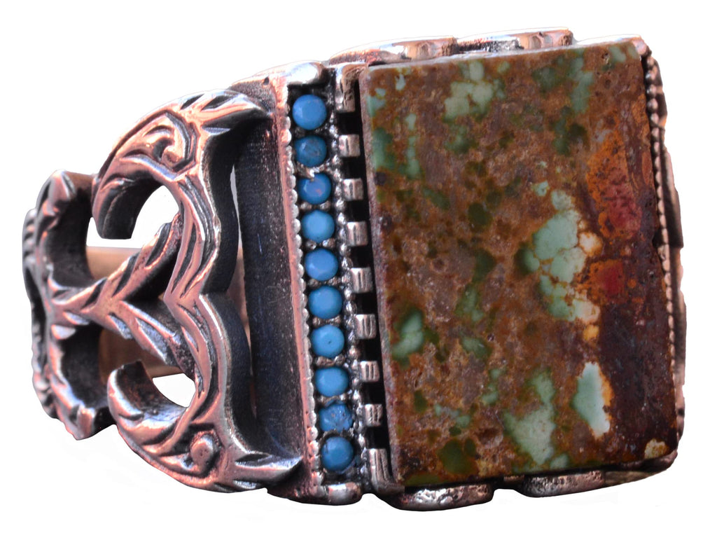 KAMBO Handmade Genuine Natural Arizona Turquoise Sterling Silver Men's Ring - Vintage Style-1 Statement Ring - 925 Sterl