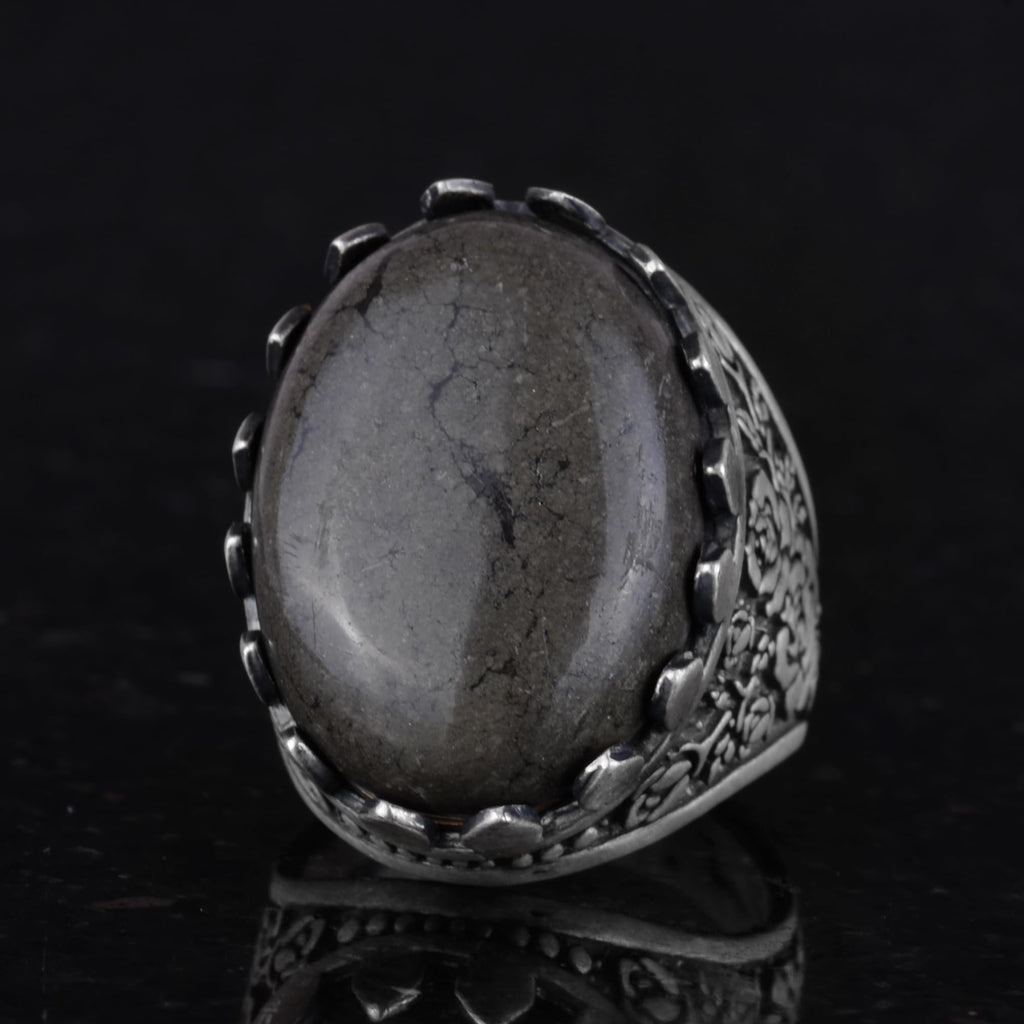 Kambo Natural Pyrite Stone Ring - Rose Pattern 925 Sterling Silver Handmade Ring — 6