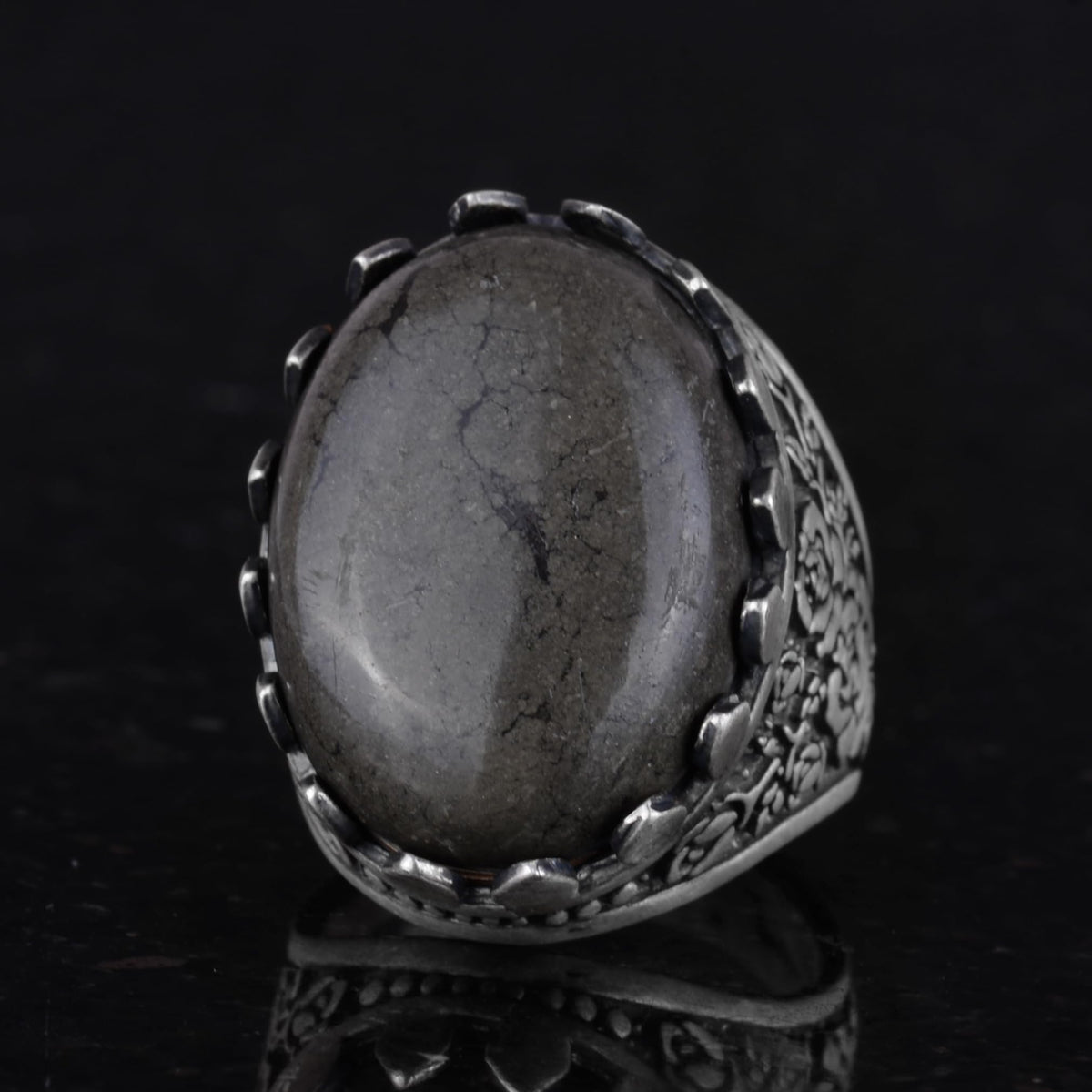 Kambo Natural Pyrite Stone Ring - Rose Pattern 925 Sterling Silver Handmade Ring — 6