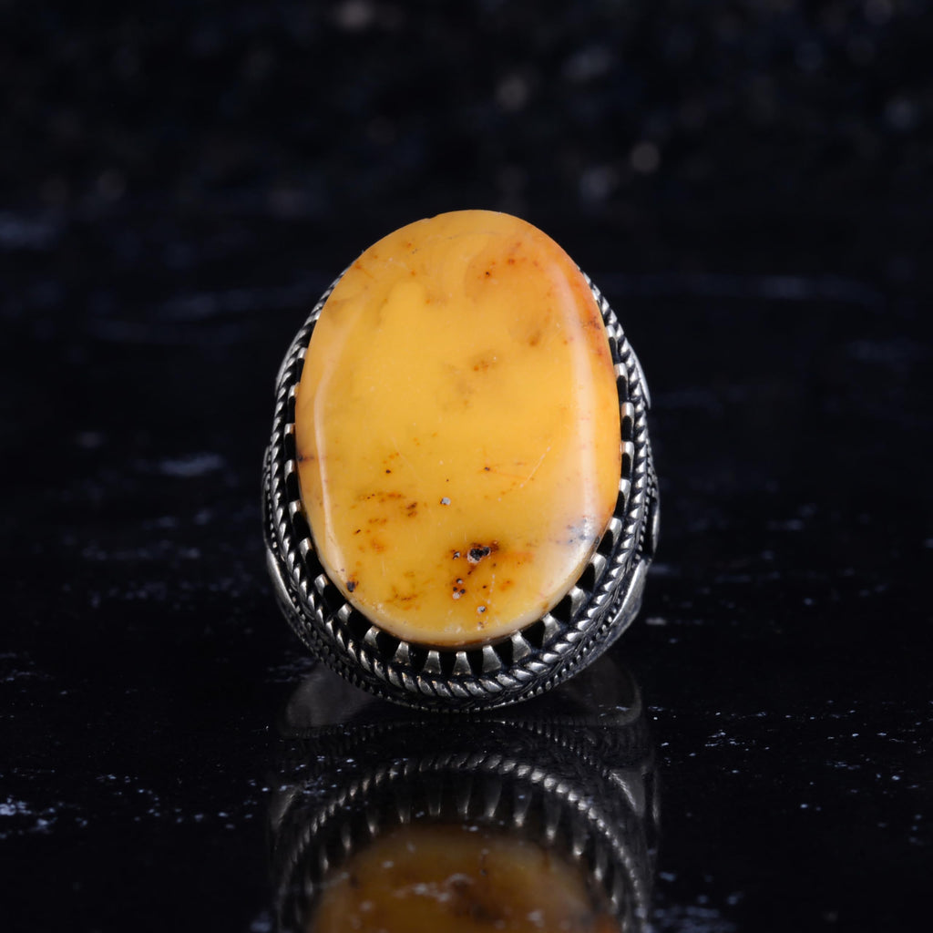 KAMBO Men's Natural Stone Ring – 925 Sterling Silver Large Statement Ring – Handmade Ottoman Pattern Jewelry (Amber) — 3