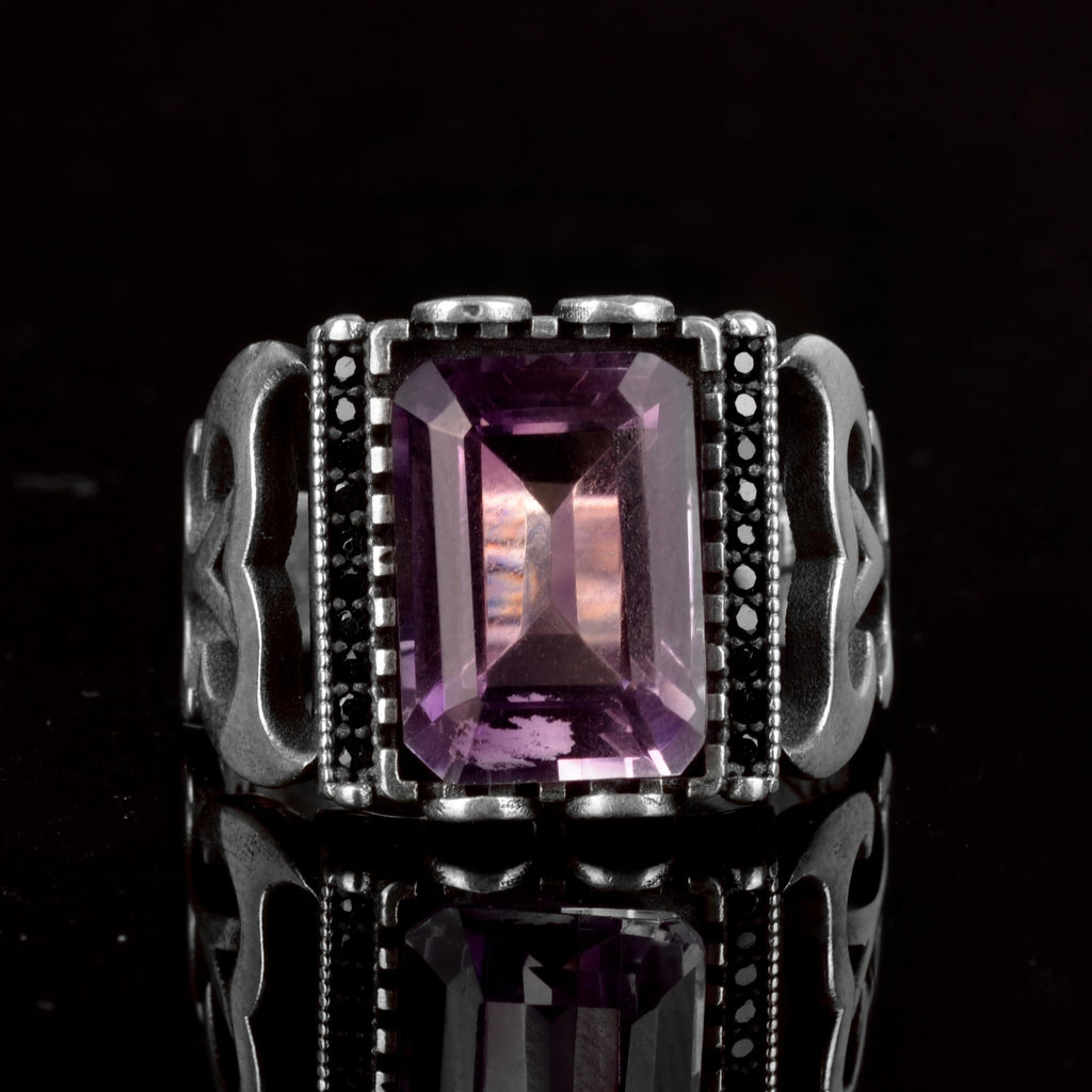 Natural Amethyst Stone Ring, 925 Sterling Silver Men's Ring — 4