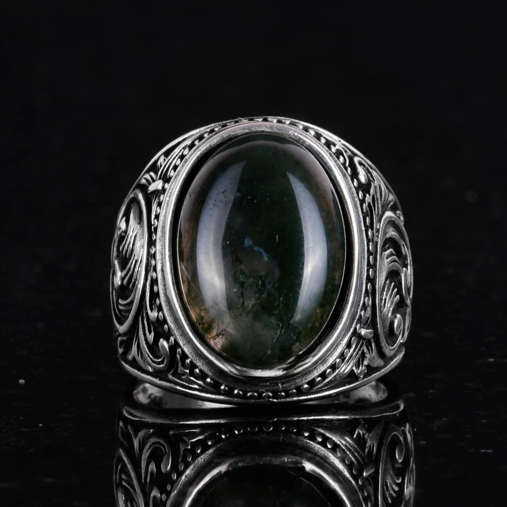 Natural Moss Agate Stone Ring, 925 Sterling Silver Men's Ring — 3