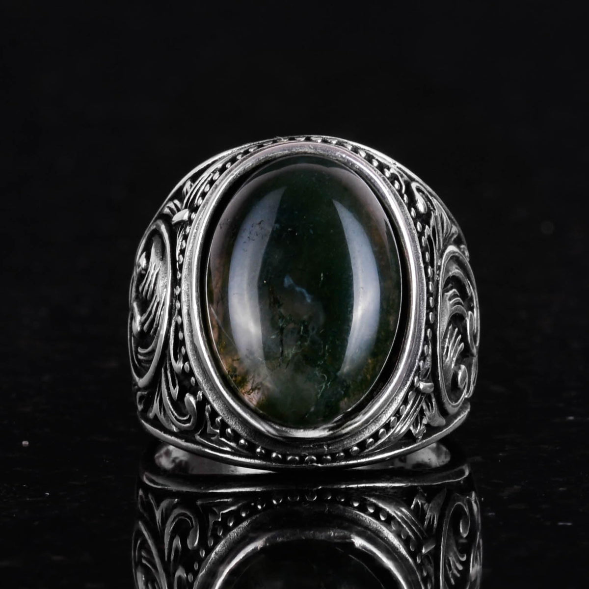 Natural Moss Agate Stone Ring, 925 Sterling Silver Men's Ring — 3