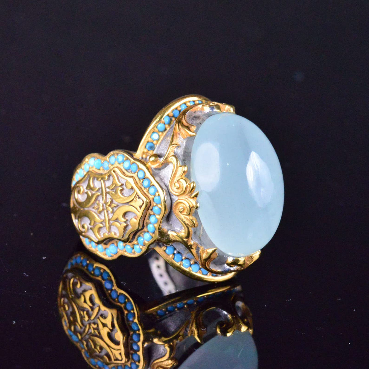 Natural Aquamarine Gold Plated Ring - 925 Sterling Silver Handmade Men's Jewelry — 4